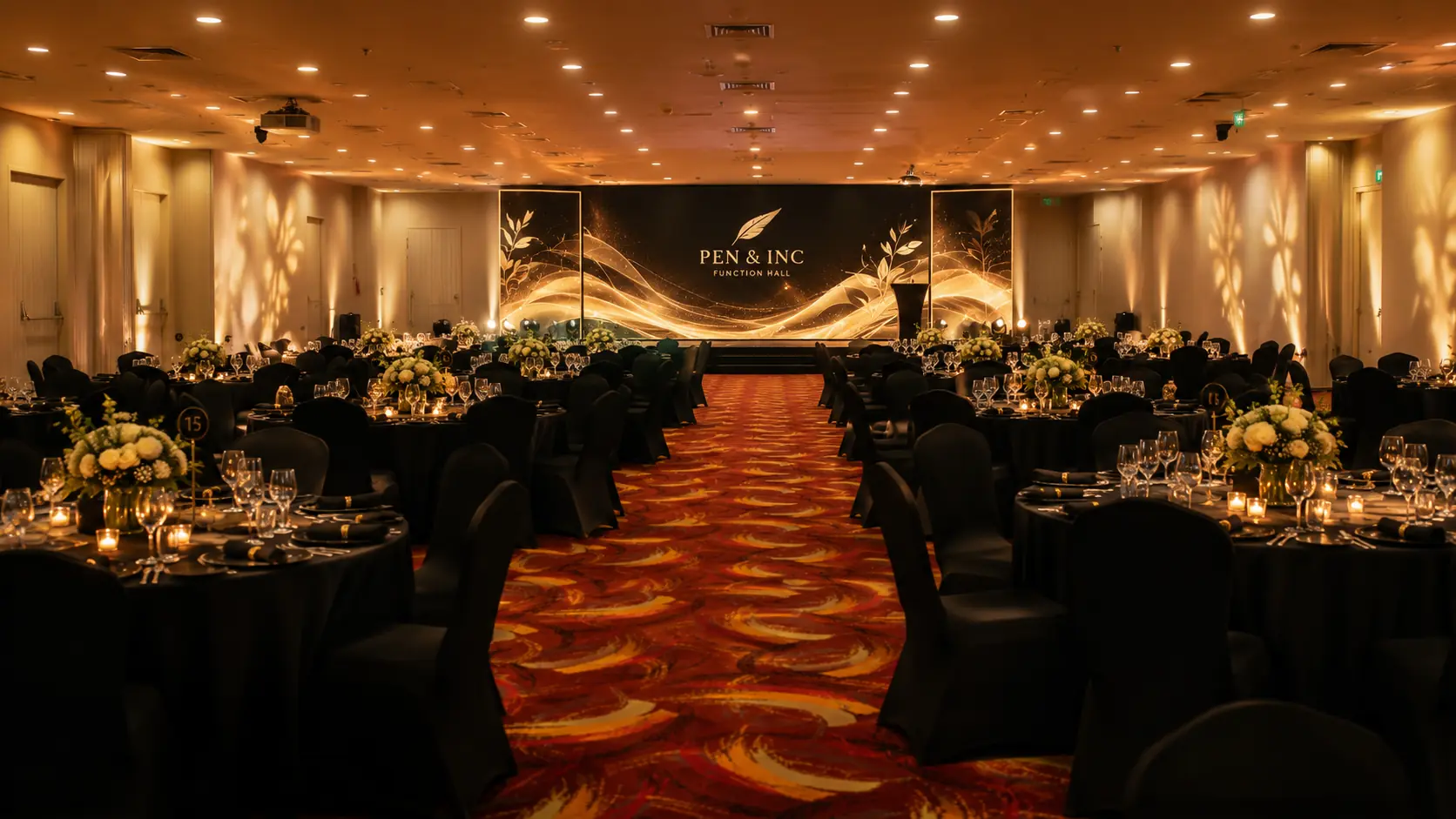 Dinner and dance banquet under coloured stage lighting