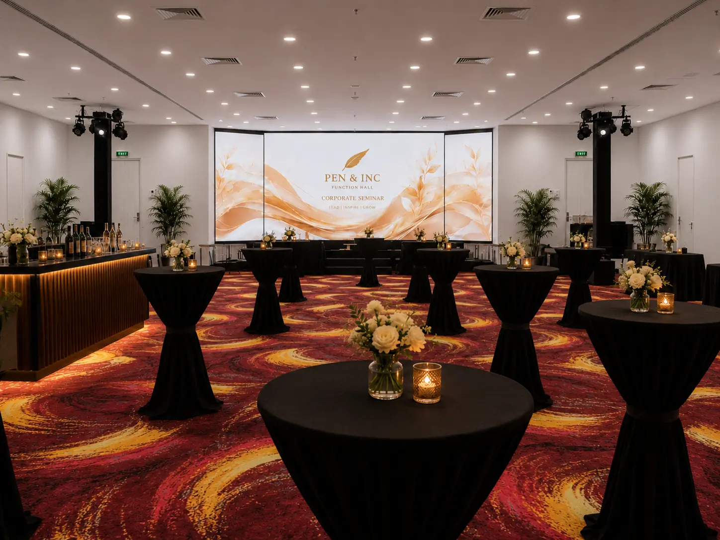Seminar seating facing the illuminated LED stage wall