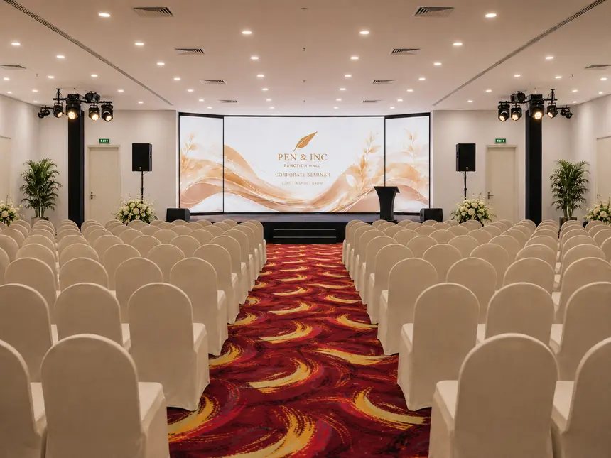 Theatre-style seating facing the LED stage wall