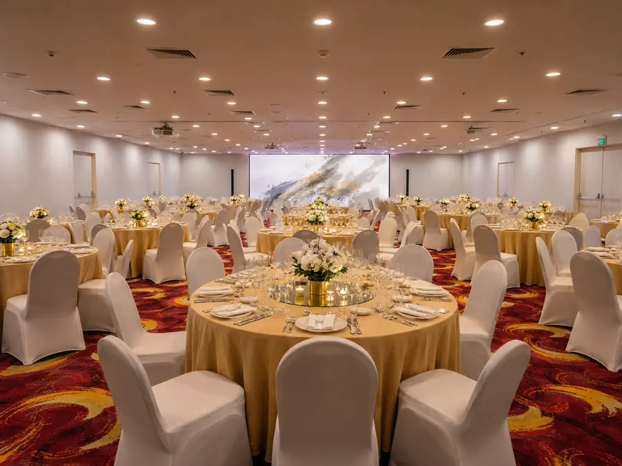 Banquet hall interior, dressed and lit