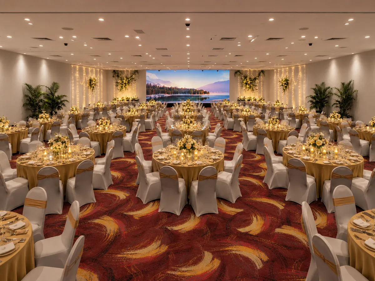 The Grand set with banquet rounds facing the LED stage wall