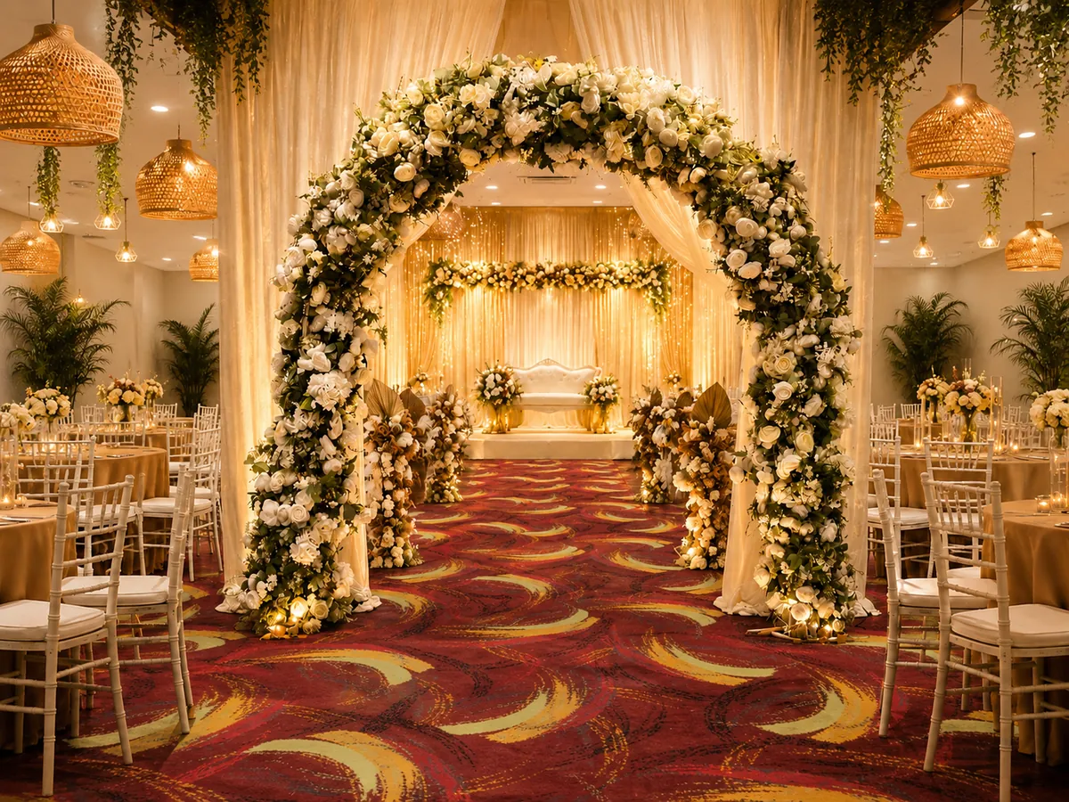 INC, Function Hall 3A, dressed with a floral arch for a wedding