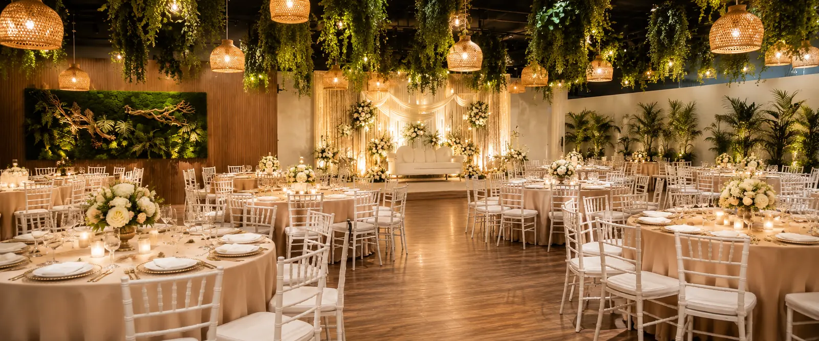 The Tropical Space dressed for a wedding under hanging greenery and rattan lighting